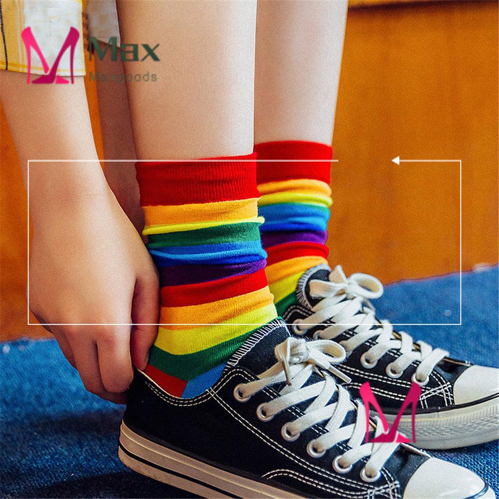 Vớ Cotton Dài Co Giãn Họa Tiết Kẻ Sọc Cầu Vồng Phong Cách Retro Thời Trang Cho Nữ
