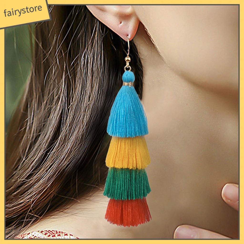 1 Đôi Bông Tai Tua Rua Siêu Dài 4 Lớp Phong Cách Bohemia Quyến Rũ Cho Nữ