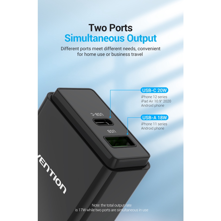 Củ sạc nhanh 20W Vention QC67 - Tiêu chuẩn PD3.0 và QC3.0 - Hỗ trợ 2 cổng USB A &amp; C