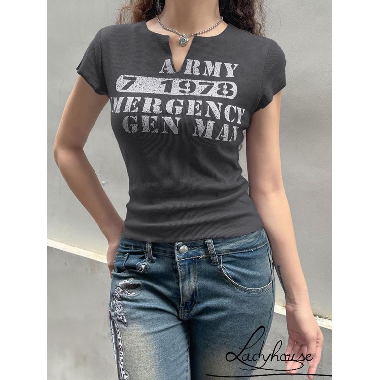 Áo Thun Ngắn Tay Ôm Dáng Co Giãn In Chữ Thời Trang Mùa Hè Cho Nữ