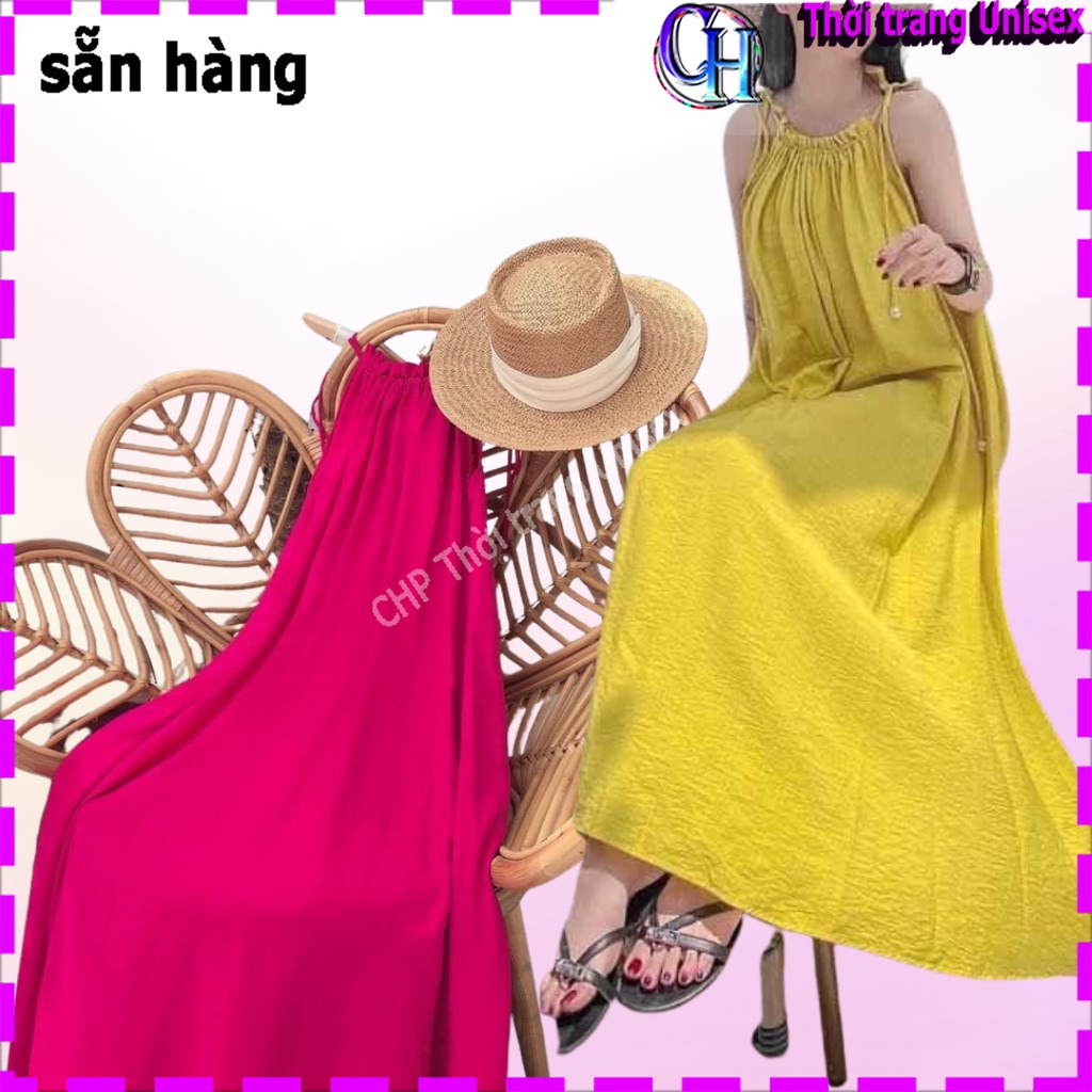 Đầm yếm hai dây cột nơ , Sét đũi thái mặc nhà tiểu thư xinh maxi đi biển du lịch dự tiệt ( Hình chụp thật ) M01