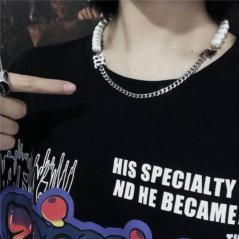 Dây chuyền phối hạt ngọc trai và mặt chữ phong cách hiphop Harajuku sành điệu cho nam và nữ 22169