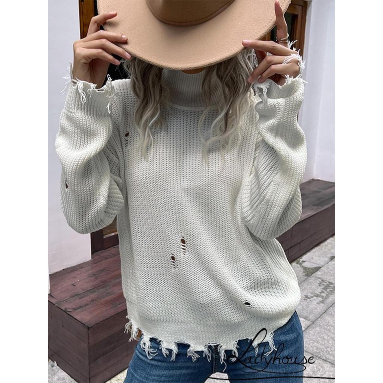 Áo Dệt Kim Tay Dài Cổ Cao Xẻ Tà Màu Sắc Trơn Thời Trang Xuân Thu Dành Cho Nữ