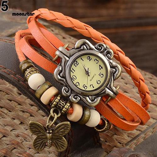 Đồng hồ dây giả da nhiều lớp đính bươm bướm vintage