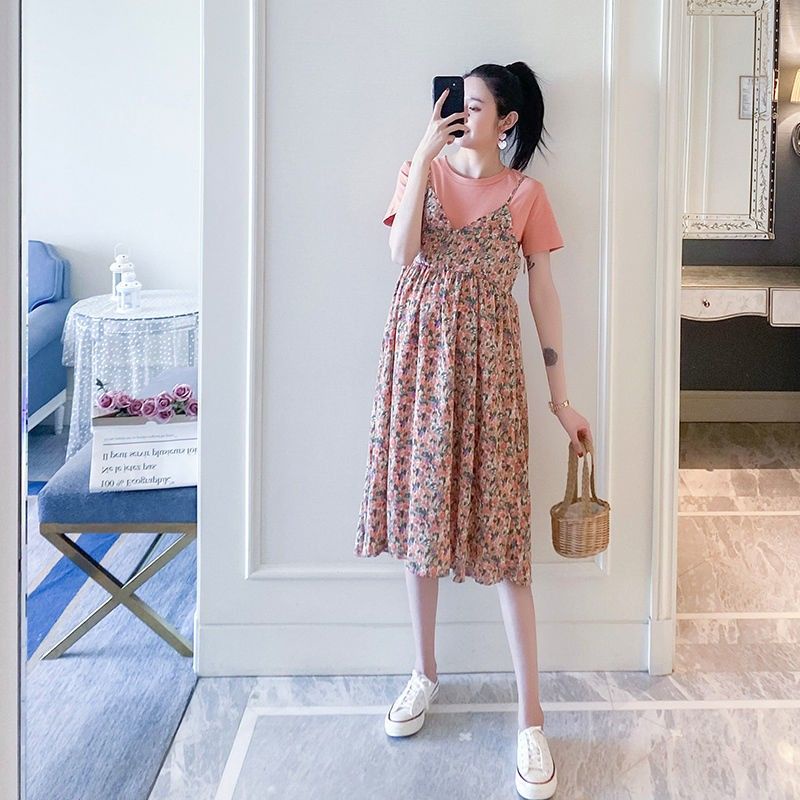 AMOI Đầm Hoa Giả Hai Mảnh Thời Trang Cho Mẹ Bầu