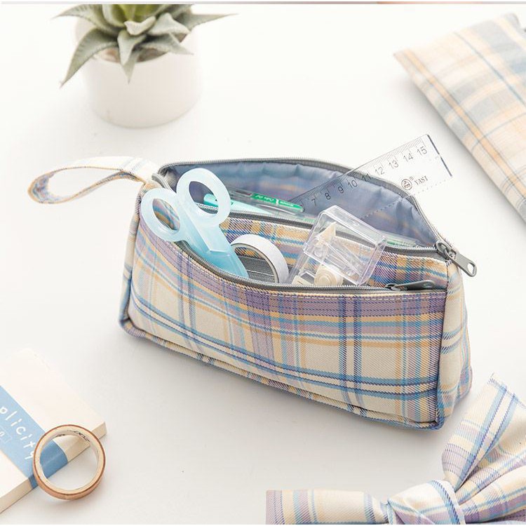 Hộp Bút Vải Canvas Cute Caro Họa Tiết Ins Dành Cho Nữ - Túi Đựng Bút Bóp Viết Canvas Đa Năng 2 Ngăn Cỡ To AMKO HBV04