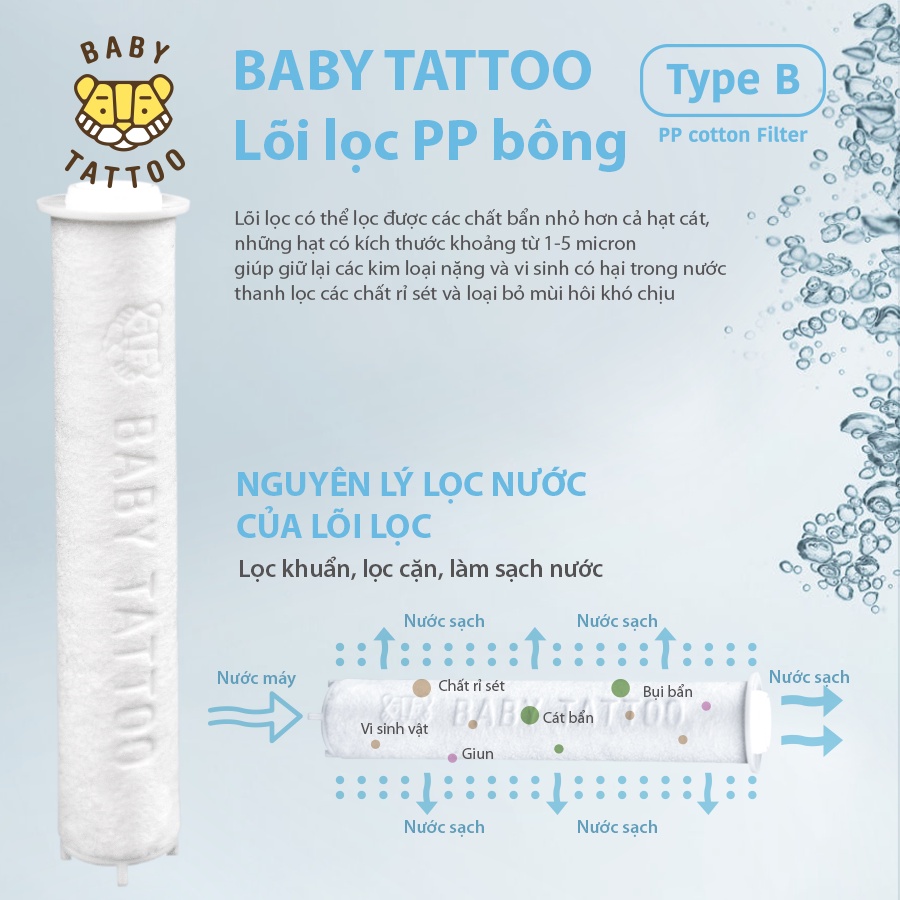 Bộ Lõi Lọc PP Bông Type B Cho Vòi Sen Tắm Lọc Nước, Khử Khuẩn BABY TATTOO