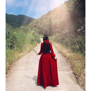 Set đầm đỏ dài+ cột tóc nơ