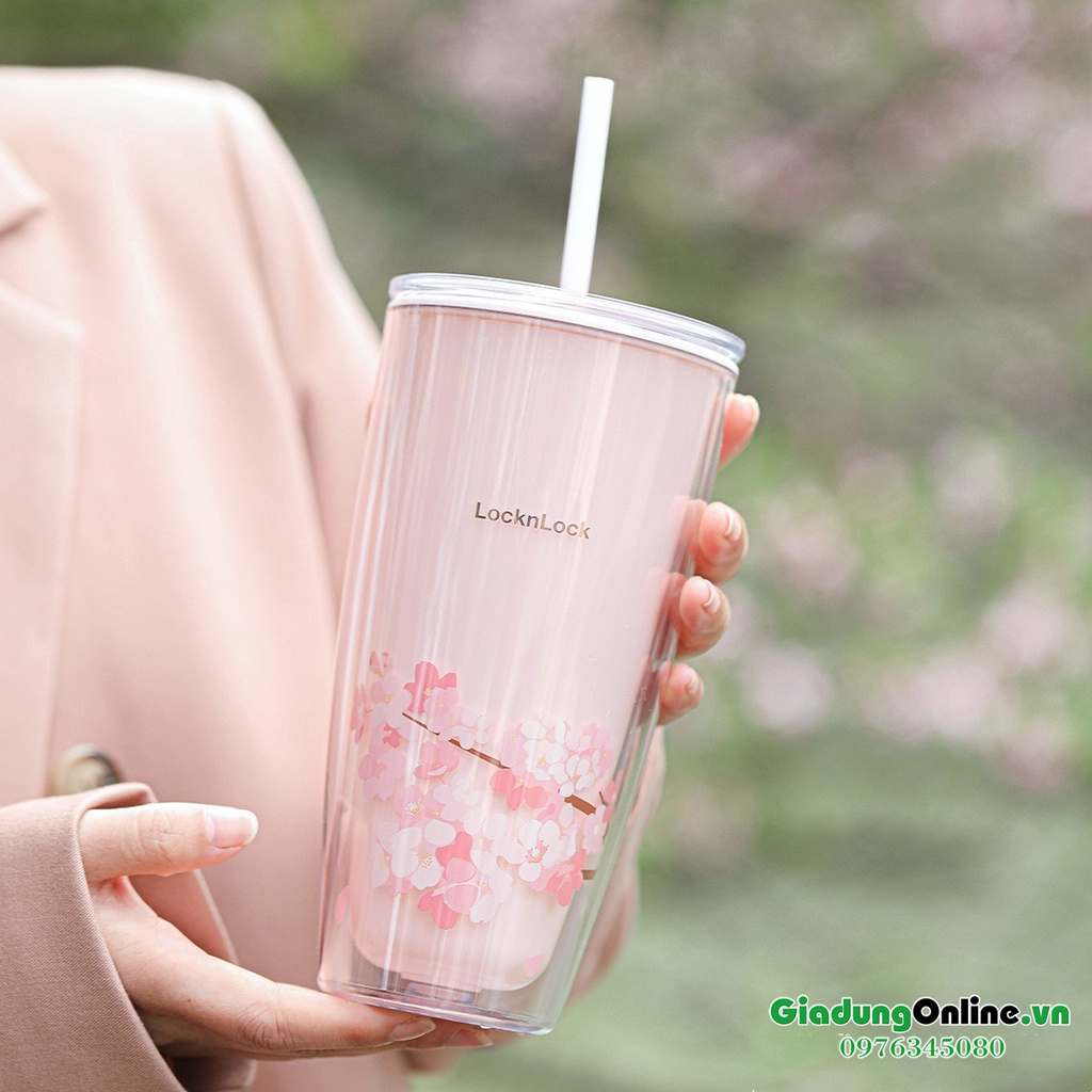 [Lock&amp;Lock] Ly Nhựa 2 lớp LocknLock Cherry Blossom Kèm Ống Hút HAP509 750ml - Larva Store