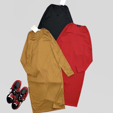 [ Mã FAMAYWA2 giảm 10K đơn 50K] Đầm nữ cổ tim dài tay dáng rộng vải len tăm xẻ tà