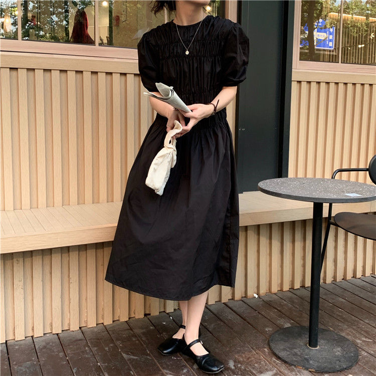 Đầm tay ngắn cổ tròn dáng ôm màu sắc đơn giản trẻ trung phong cách nhật bản