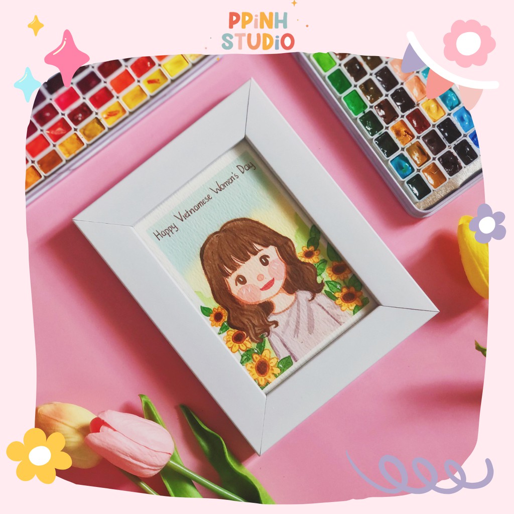Tranh Vẽ Chân Dung Chibi Theo Yêu Cầu, Kèm Khung Gỗ