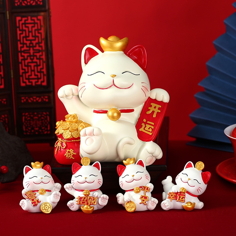 Mèo trắng thần tài ống tiết kiệm và mô hình mèo trắng tiền vàng trang trí bàn học, bàn làm việc, tủ sách, taplo ô tô