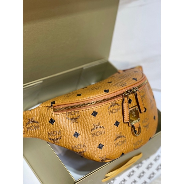 Túi đeo hông/đeo chéo unisex da thật hoạ tiết logo thương hiệu MCM cao cấp