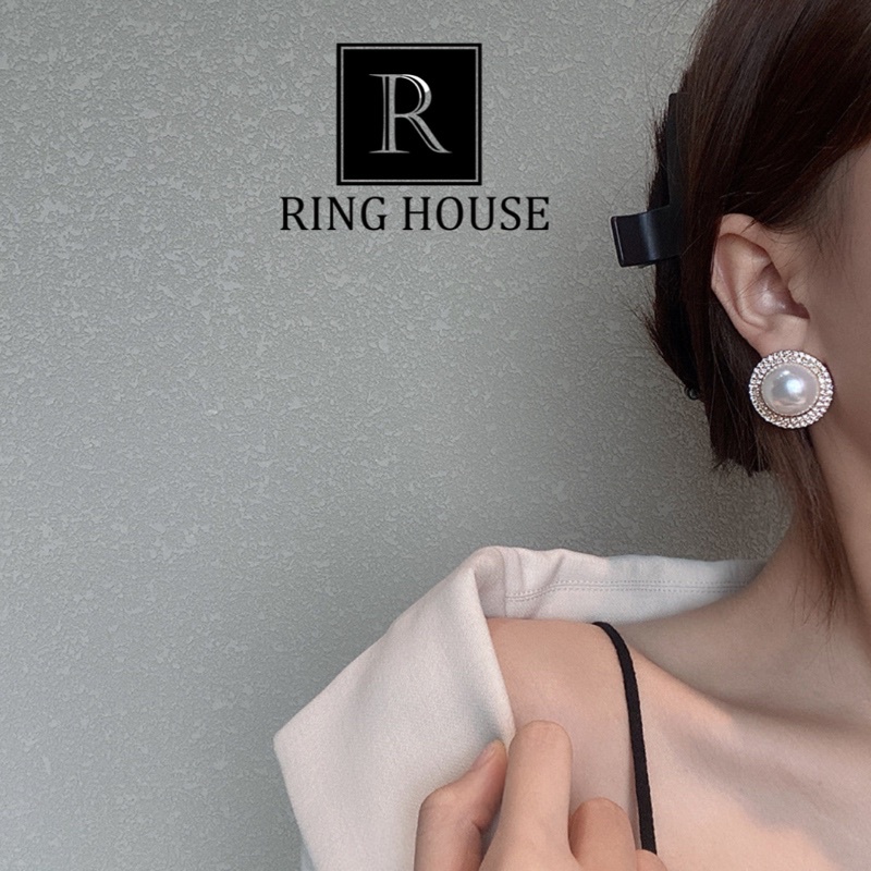 E1 Bông Tai Khuyên Tai Nữ Tròn Hạt Trai Viền Ngọc Sáng Đẹp