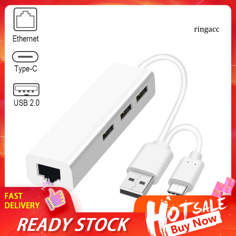 Hub chuyển đổi mạng LAN cổng RJ45 2 đầu cắm USB Type-C 3 cổng USB2.0
