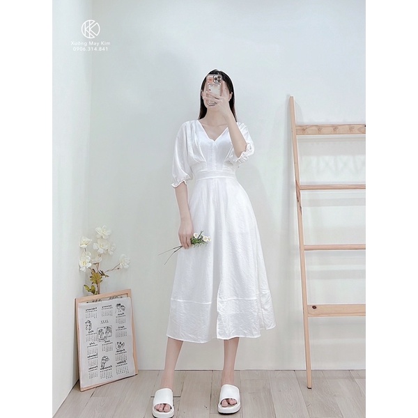 [Hàng sẵn - Hình thật] Đầm midi trắng cổ v tay bồng li eo sang chảnh