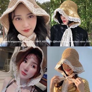 Mũ, Nón cói rơm phối vành ren đi biển, đi chơi chống nắng # HX-C306 [Hàng Nhập]