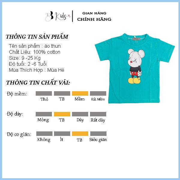 Áo Thun Ngắn Tay Cho Bé BB Kids In Hình Gấu Mắt X Chất Liệu Cotton 100% Co Giãn 4 Chiều