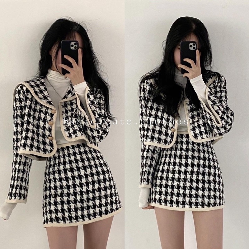 Set bộ áo và chân váy tweed kẻ sọc đen trắng phong cách Hàn Quốc ulzzang TWEE001 SẴN s