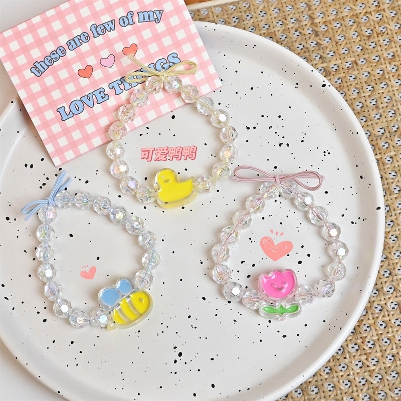 Vòng tay kèm dây buộc tóc co dãn Peachy hình cherry con vịt hoa tulip nhiều màu sắc dành cho nữ