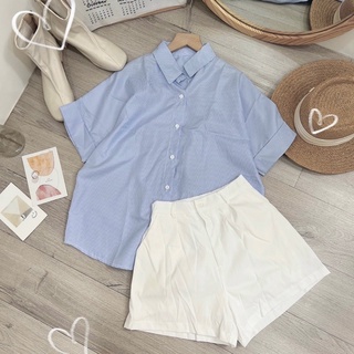 SET ÁO SƠ MI KẺ SỌC TAY NGẮN XẺ TÀ + QUẦN SHORT TRẮNG LƯNG THUN [kèm ảnh thật]