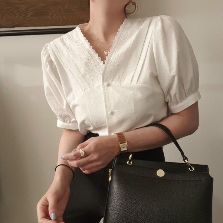Áo Sơ Mi Nữ Cổ Chữ V Tay Ngắn Phối Ren Thời Trang 43052