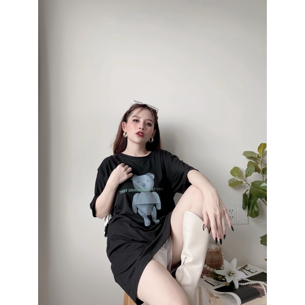 Áo phông nữ form rộng tay lỡ unisex co giãn chất cotton mềm mát in hình gấu cá tính hàng Quảng châu AP04