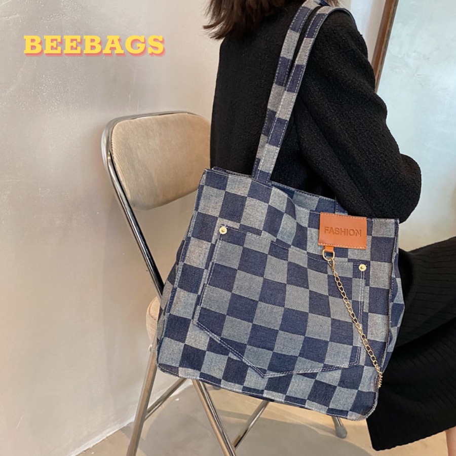 Túi Tote Denim Caro Phối Dây Xích Đựng Vừa Laptop Và A4 | TOTE06 | Túi Vải Jeans Nữ Cá Tính Dễ Phối Đồ Phù Hợp Mọi Outfỉ