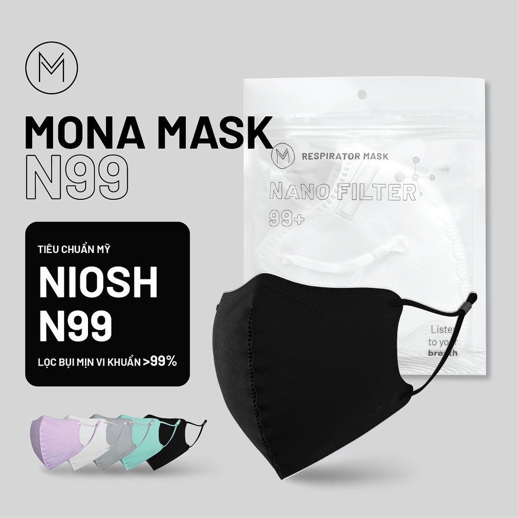 Combo 3 Chiếc Khẩu Trang Bảo Hộ Mona Mask Tiêu Chuẩn N99 Công Nghệ Nano Lọc Hơn 99% Bụi 0,26µm Có Thể Tái Sử Dụng