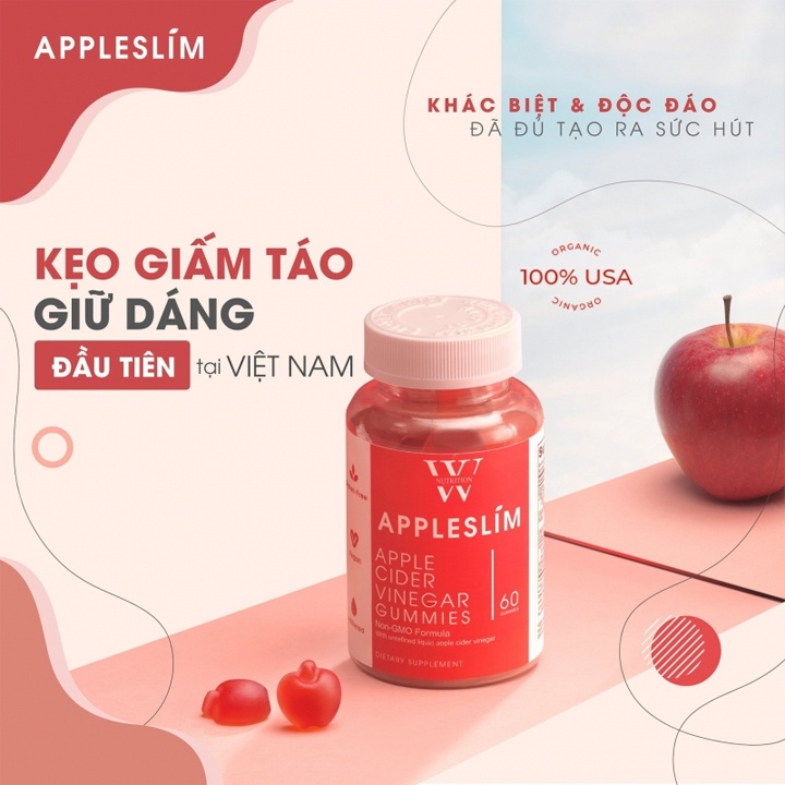 Kẹo Giấm Táo Giảm Cân Apple Slim Mỹ, Viên Uống Giấm Táo Giúp Giảm Cân Cấp Tốc Dưỡng Da Đẹp Tự Nhiên Hộp 60 Viên
