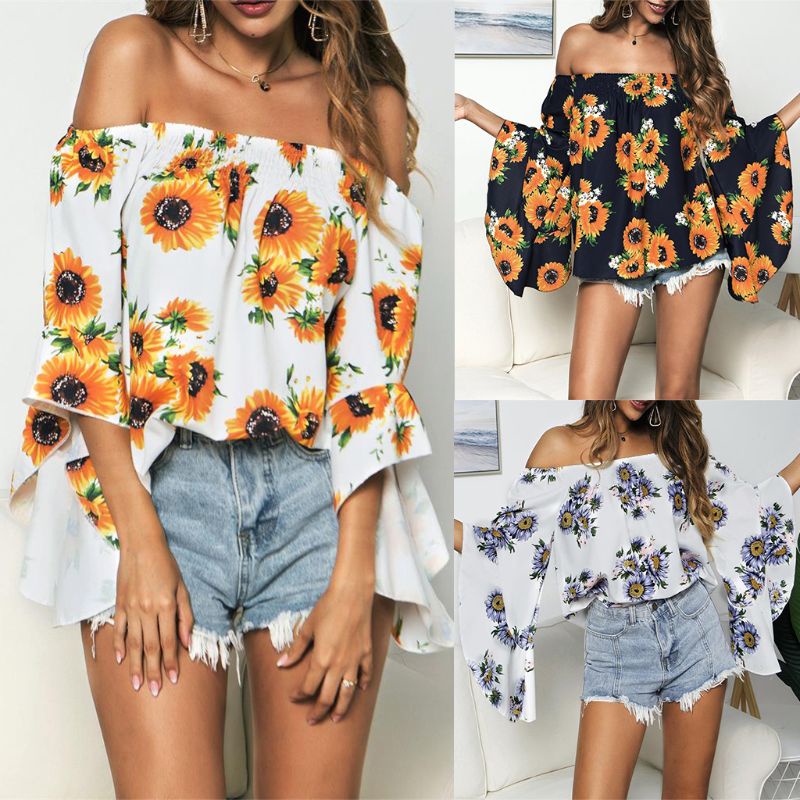Áo Kiểu Trễ Vai In Họa Tiết Hoa Hướng Dương Thời Trang Mùa Hè 2019 Cho Nữ
