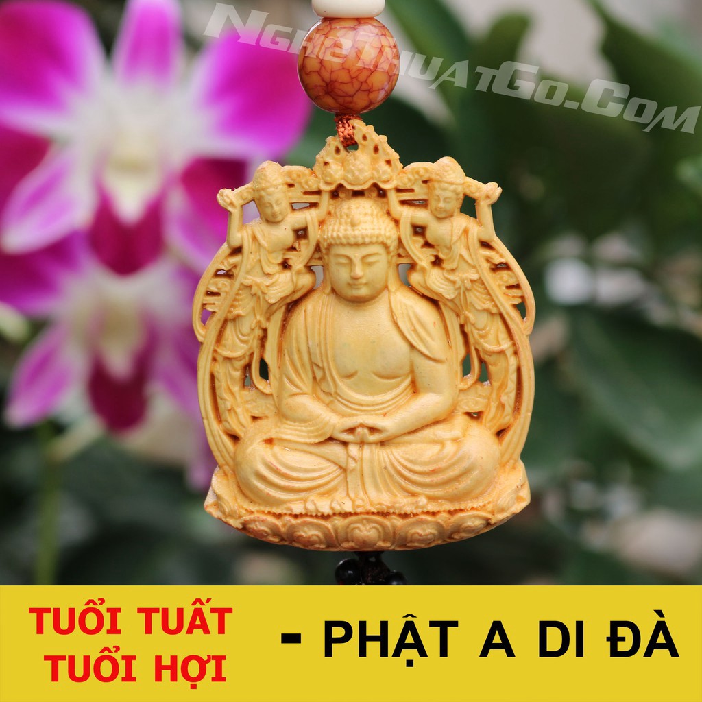 Dây treo xe ô tô tượng Phật A Di Đà bằng gỗ Hoàng Dương TẶNG 1 VÒNG ĐEO TAY
