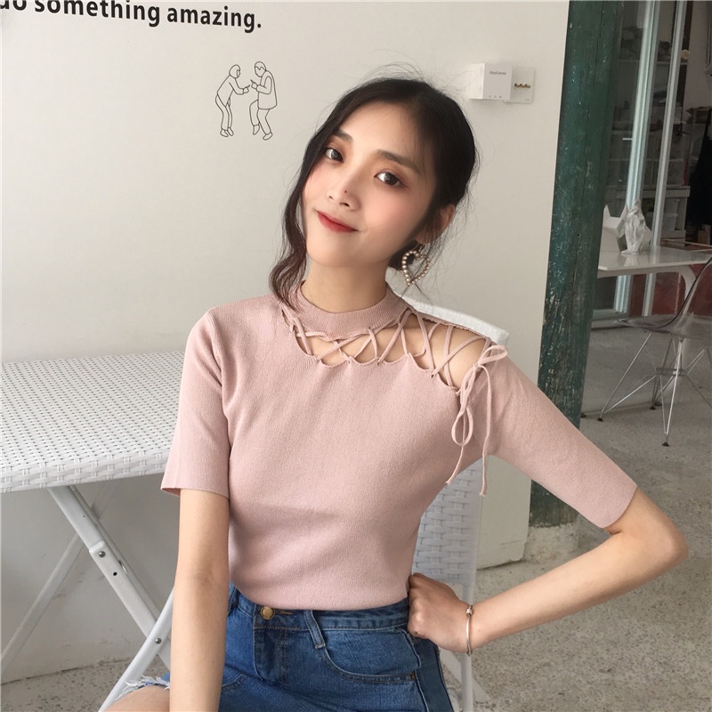 Áo Thun Đan Len Tay Ngắn Hở Vai Màu Trơn Thời Trang Dành Cho Nữ