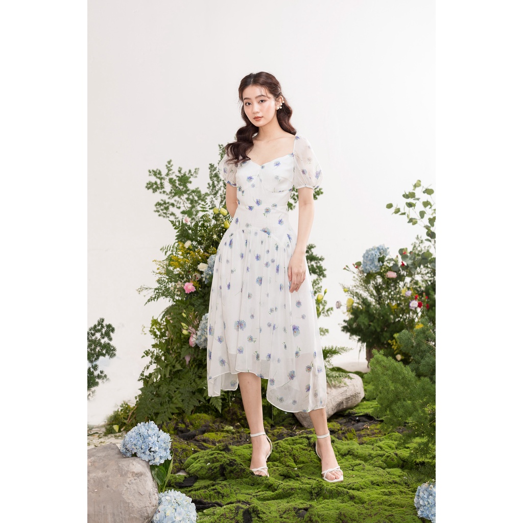 TIELA Đầm váy trắng hoa xanh cổ viền-Aine Dress