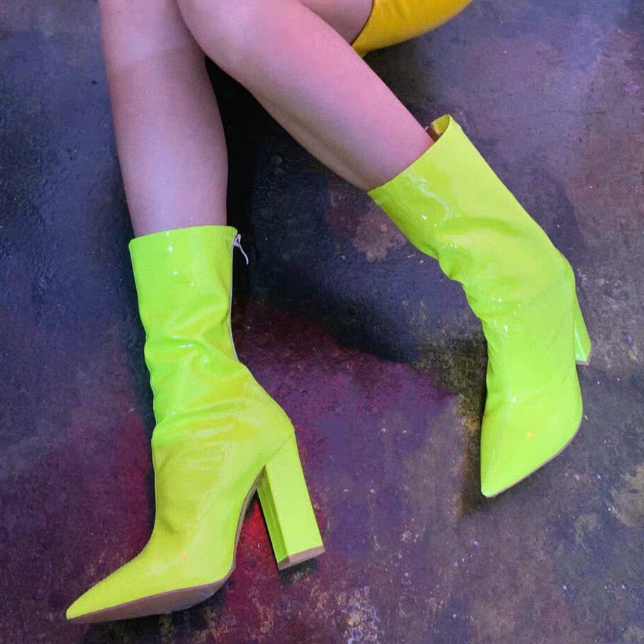 Giày Bốt Cao Gót Mũi Nhọn Bằng Da Bóng Màu Xanh Lá Dạ Quang Xinh Xắn Thời Trang Cho Nữ 3.94 Inches (Size 35-40