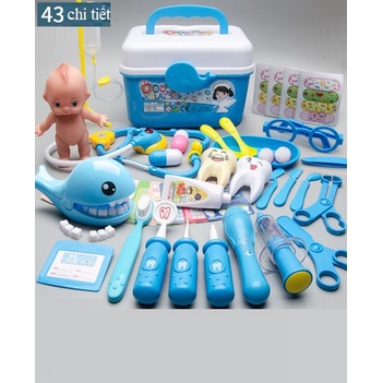 Bộ đồ chơi bác sĩ cho bé có hộp đựng có đèn, ánh sáng, búp bê, cá heo khám răng ,đồ chơi trí tuệ cho bé, trẻ em