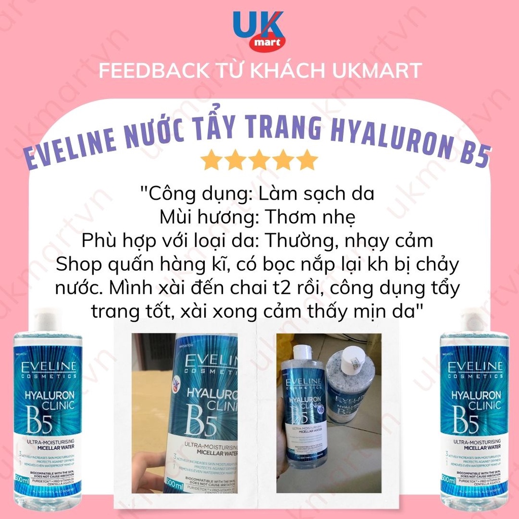 Nước Tẩy Trang Eveline Hyaluron Clinic B5 Và Tinh Chất Rau Má Làm Dịu, Dưỡng Ẩm Và Phục Hồi Da 500ML