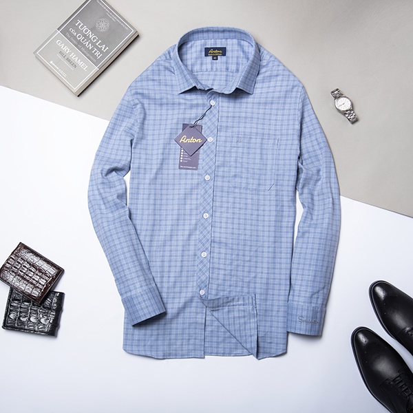 Áo Sơ Mi Nam Công Sở Trung Niên Thương Hiệu Anton Dài Tay Vải Sợi Tre Xanh Dương Kẻ Caro – AC137 | BigBuy360 - bigbuy360.vn