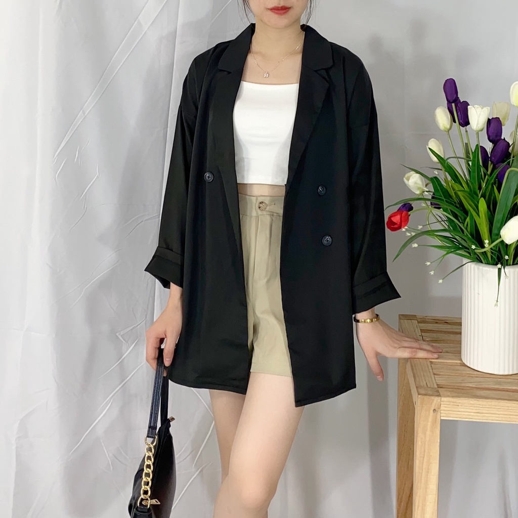 Áo blazer sang chảnh màu đen trắng xanh _ Áo vest_ áo blazer nữ vải trượt vạt bầu dáng rộng | BigBuy360 - bigbuy360.vn