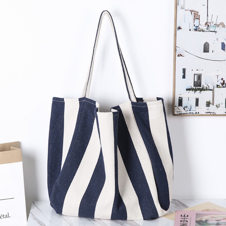 Thời Trang Túi Xách tote Vải Bố Kẻ Sọc Cỡ Lớn Phong Cách Hàn Quốc