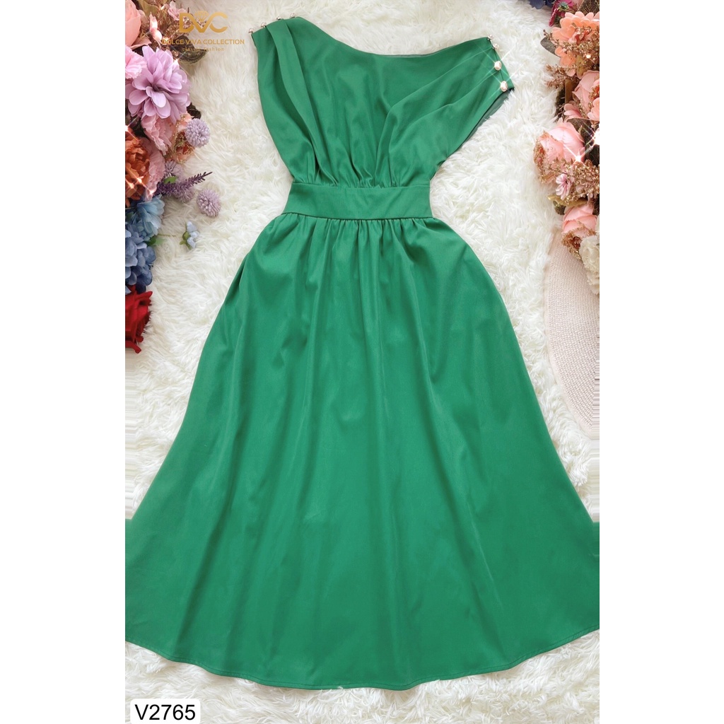 (kèm video + ảnh sàn) VÁY XANH CỔ THUYỀN GẮN CÚC NGỌC V2765 - DOLCE VIVA COLLECTION