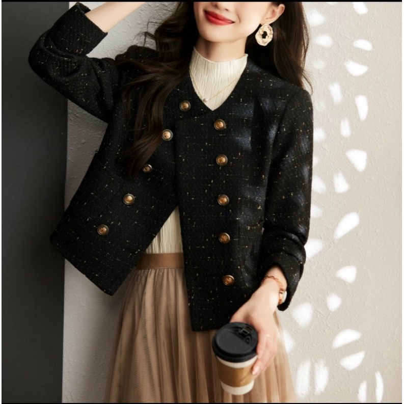 Hàng nhập - Áo khoác dạ Tweet nữ form ngắn cài 2 hàng nút, áo bomber cổ tim tay dài trẻ trung