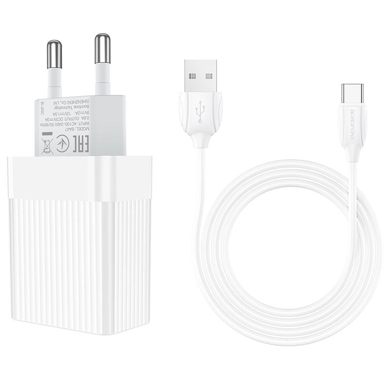 Bộ Cốc và Cáp sạc Borofone BA47A Mighty speed QC3.0 Output 18W - chân Micro-USB / Type-C (Trắng) - Nhất Tín Computer