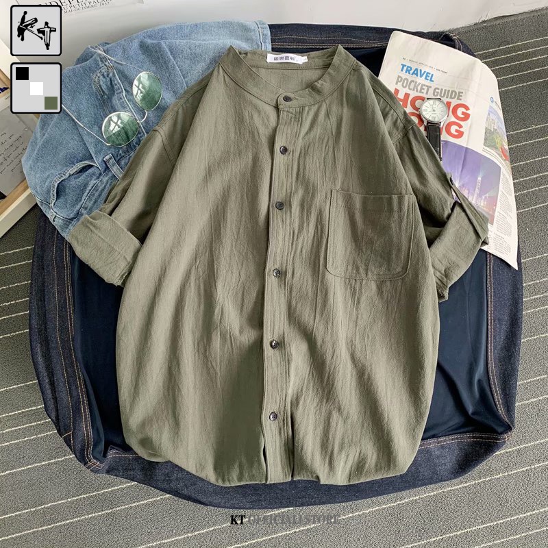 Áo sơ mi KT cotton lanh cổ tròn tay lửng dáng rộng thời trang mùa hè cho nam giới size M-3XL