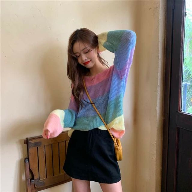 Áo len nữ cầu vồng mỏng dài tay ulzzang | BigBuy360 - bigbuy360.vn