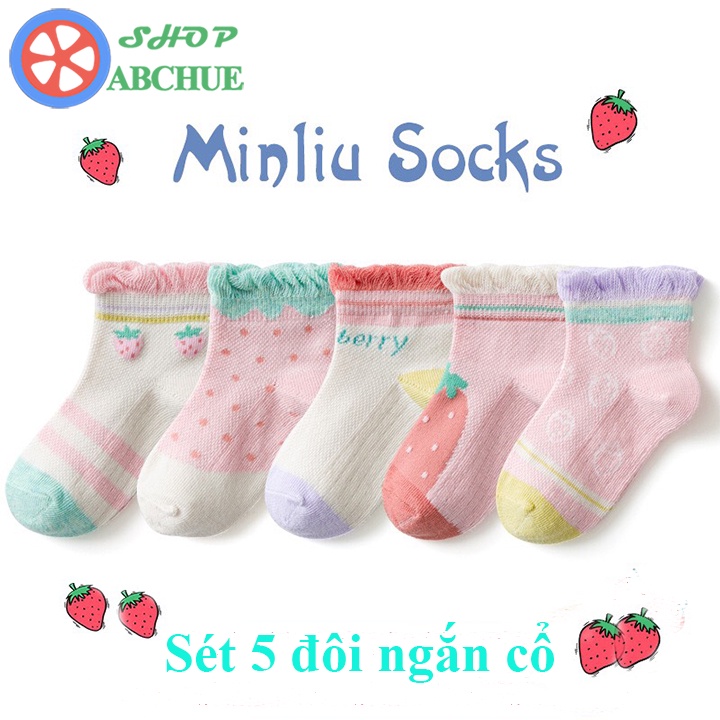 Tất Vớ Trẻ Em Minliu Hình Dâu Tây Cho Bé Từ 1 – 12 Tuổi Chất Cotton Set 5 Đôi