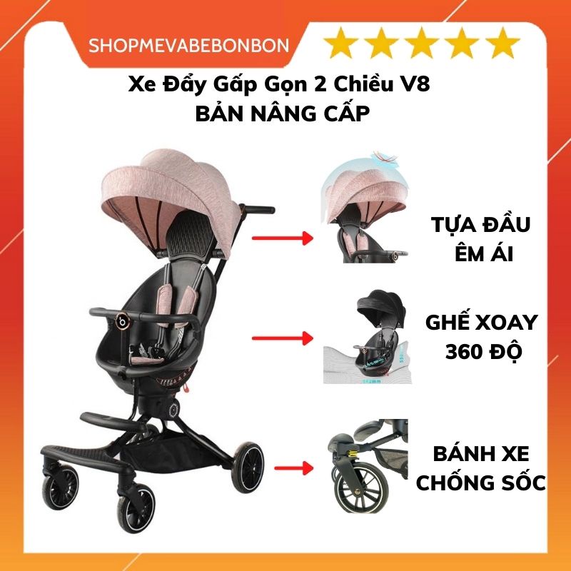 FREESHIP Xe Đẩy Em Bé Gấp Gọn 2 Chiều Babaohao V8 Chính Hãng Ghế Xoay 360 độ, Có Mái Che, Túi Đựng Đồ