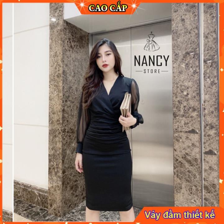 Váy body đen tay dài phối voan cổ tim nhún eo chất umi Hàn Quốc co giãn Nancy A3 Đẹp ❗