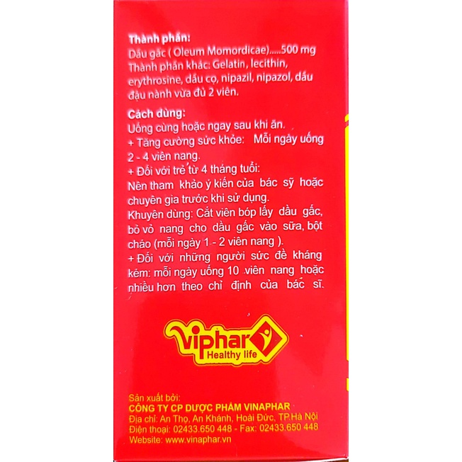 Viên uống  dầu gấc Viphar giúp bổ mắt dưỡng ẩm giảm khô mắt nhìn mờ cận thị loạn thị Hàng Chính Hãng - Lọ 100 viên